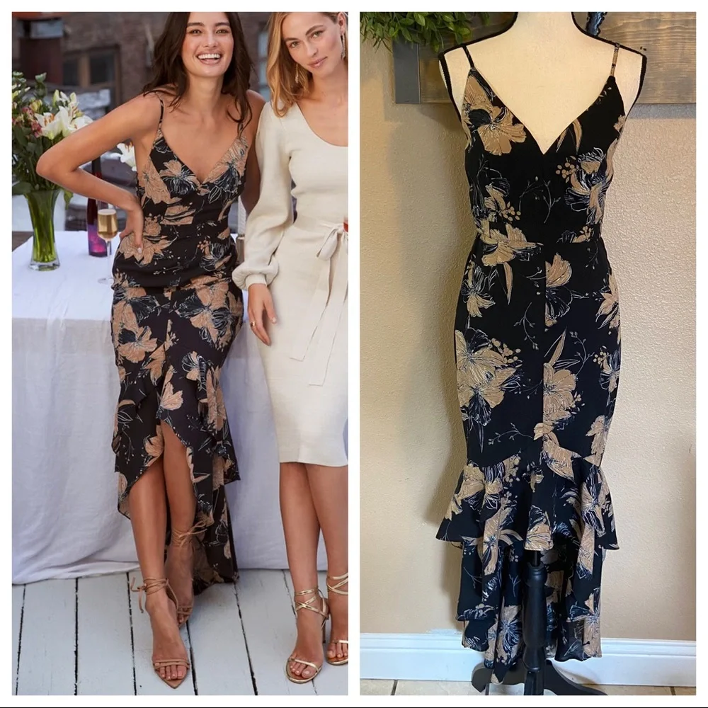 NWOT Lulus Darling Daylily Black Floral Print High-Low Maxi Dress